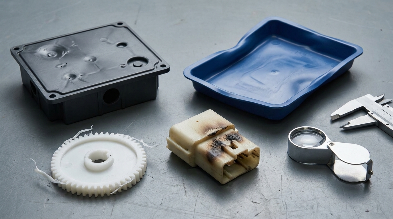 Common plastic molding defects including sink marks, warping, flash, and burn marks on plastic parts
