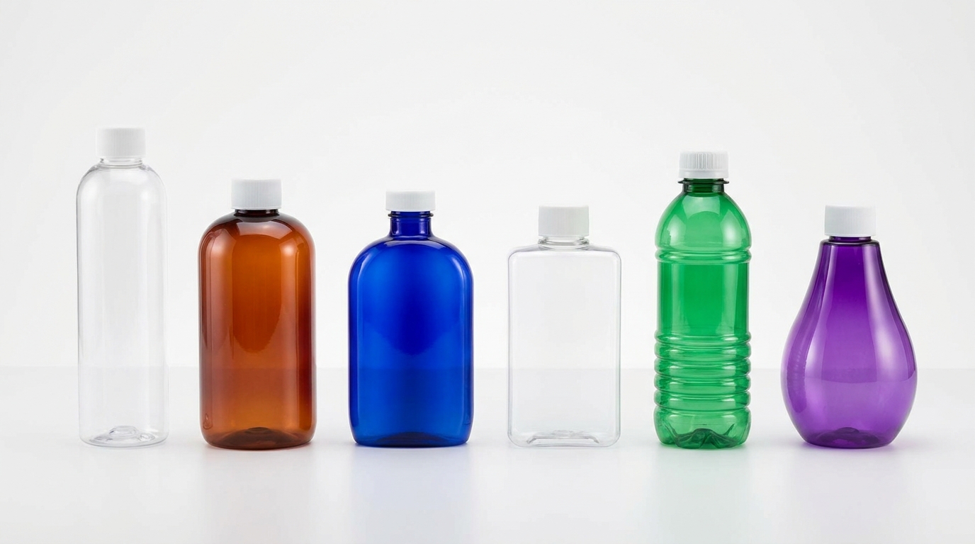 A row of clear and colored plastic bottles in different shapes on a white studio table, including a tall slim cylinder, a rounded boston round bottle, and a flat oval bottle, lit evenly for a product catalog photo