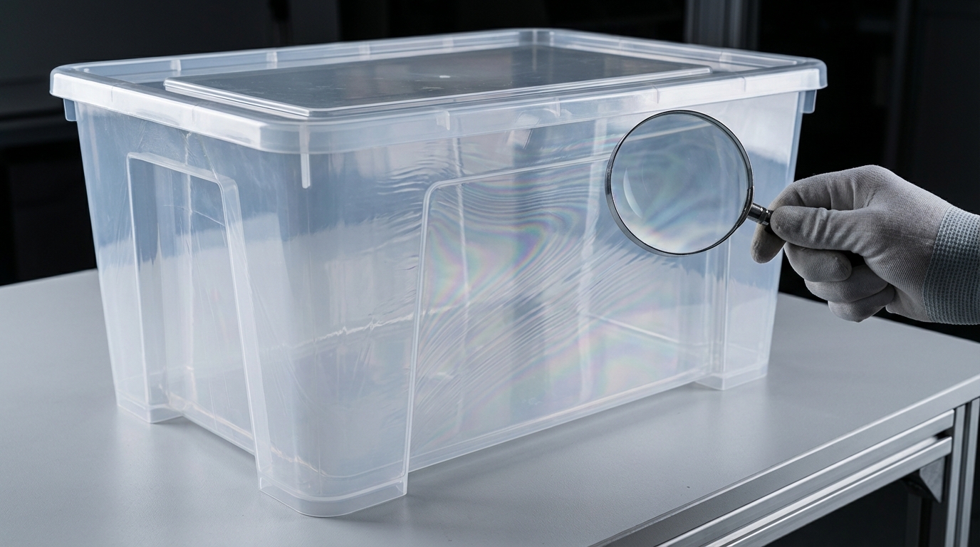 Flow lines defect on injection molded plastic container surface showing wavy patterns and streaks