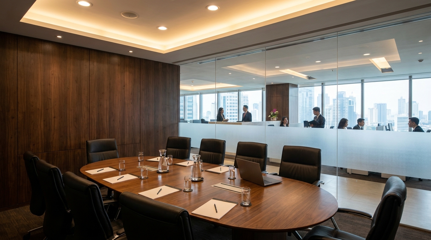 A modern law firm office interior in Jakarta with a partner meeting room, dark walnut wood paneling on the walls, a long oval conference table, leather upholstered chairs, recessed warm lighting, and floor-to-ceiling glass partition with frosted lower section for privacy