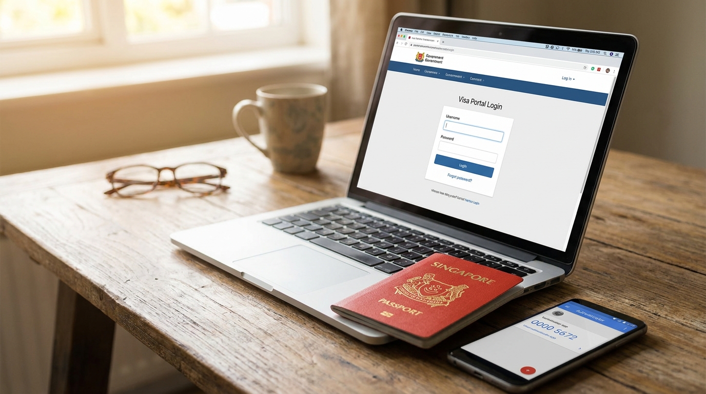 A laptop on a wooden desk in soft natural light displaying a generic government visa portal login screen, with a Singapore passport and a smartphone showing an authenticator app placed beside the laptop