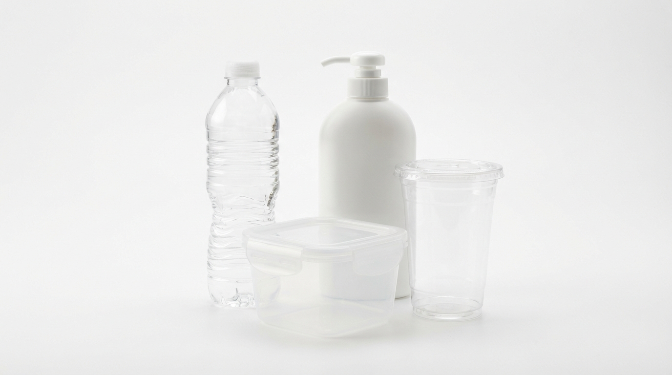 Several different rigid plastic containers made from different materials - a clear PET bottle, a white HDPE bottle, a translucent PP container, and a clear PS cup - arranged on a white background