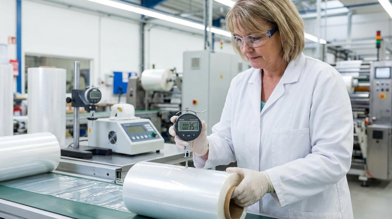Quality control inspector using digital thickness gauge to measure plastic packaging