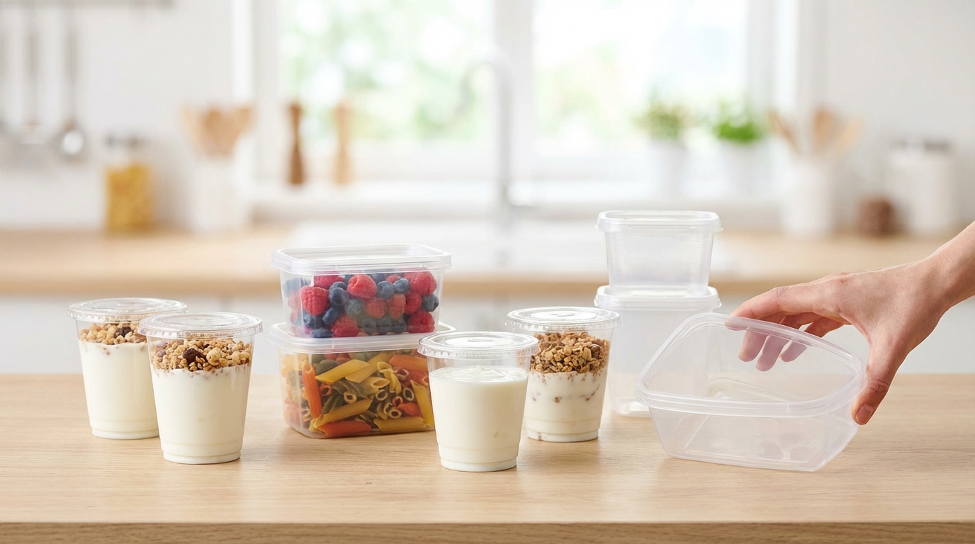 Clear polypropylene (PP) food containers and yogurt cups showing transparency and flexibility