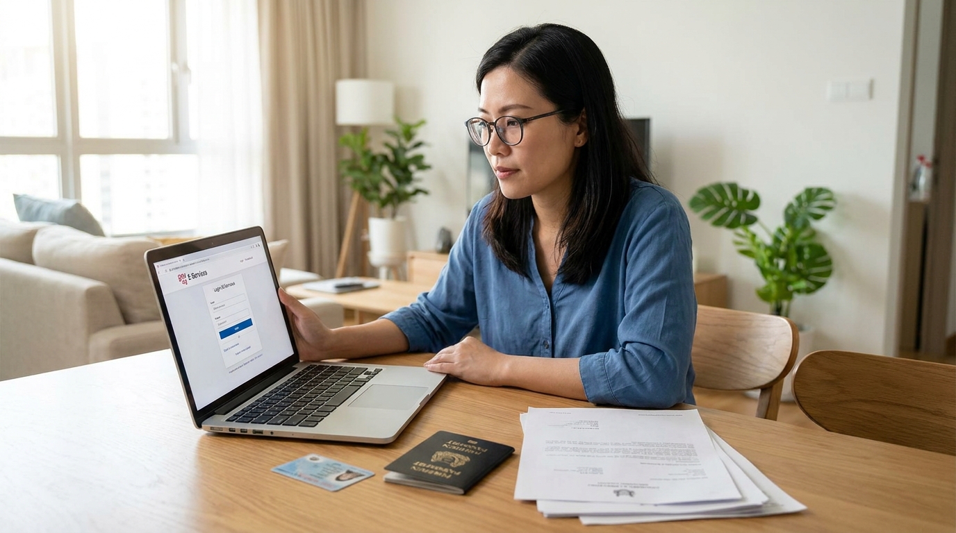 A woman in her mid-thirties seated at a wooden dining table at home, looking at a laptop screen showing a government e-service portal login page, with a Singapore blue NRIC card, a foreign passport, and a stack of paper documents arranged neatly beside the laptop, soft natural daylight from a window in the background