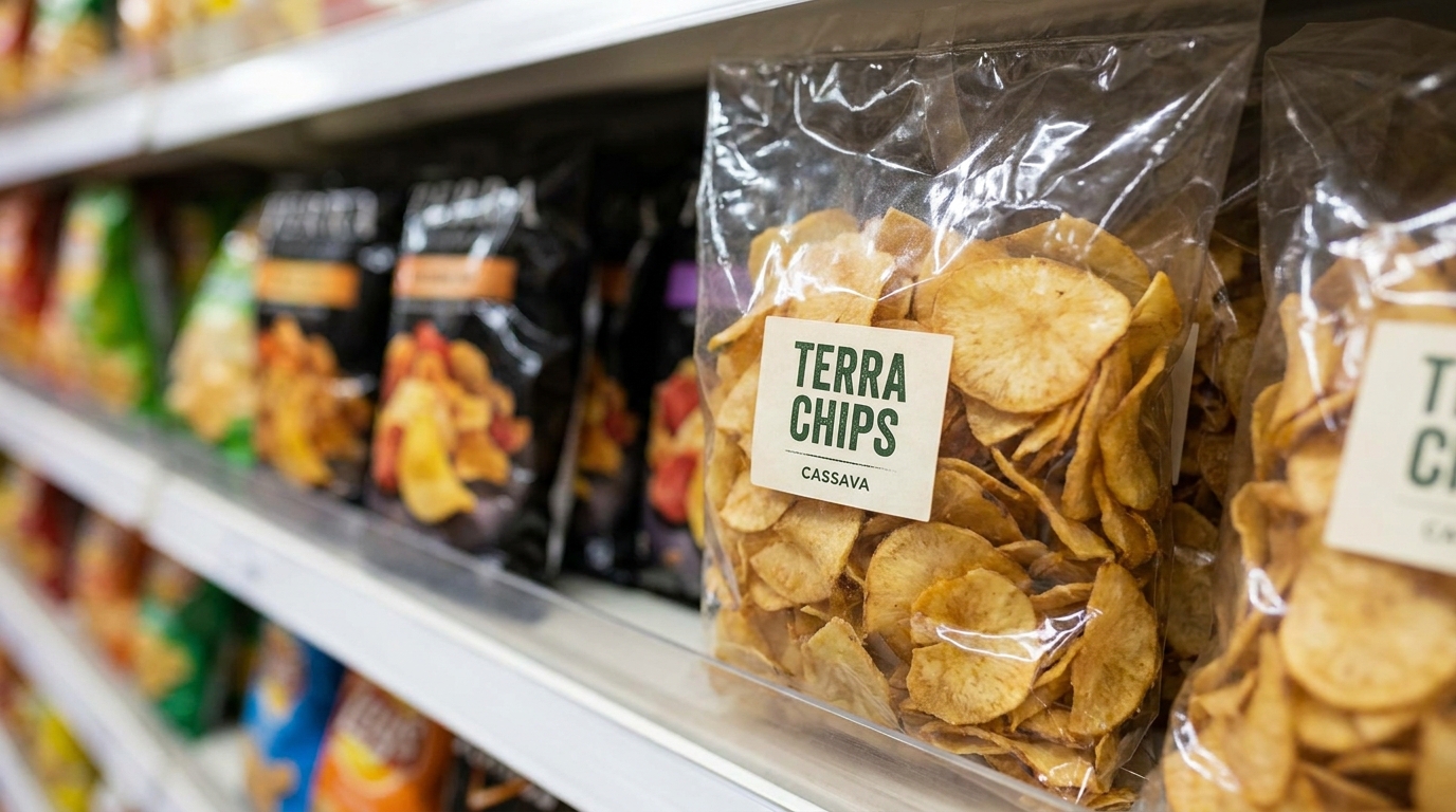 A clear transparent plastic snack package filled with cassava chips on a store shelf, the chips fully visible through the packaging, with a small printed label showing a brand name