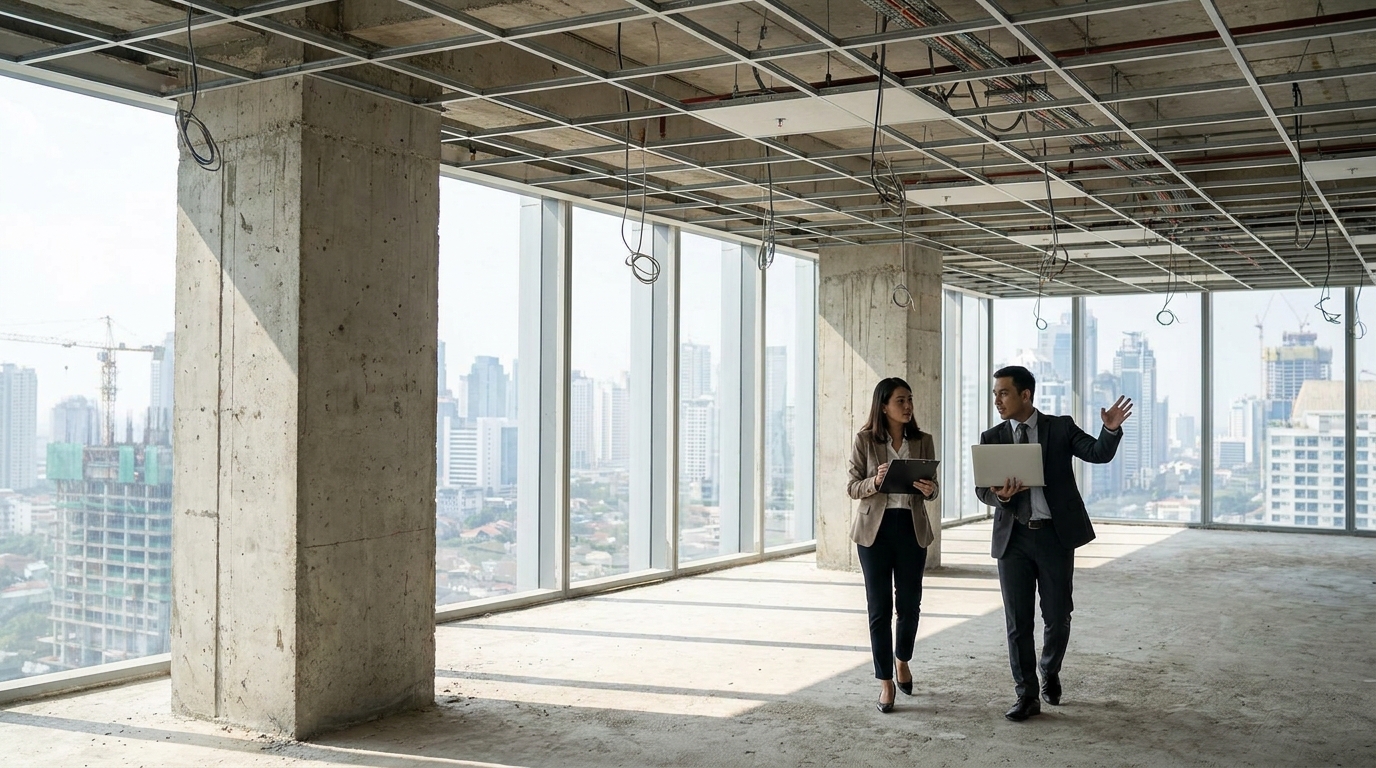 Two interior design professionals in business attire walking through an unfinished Jakarta commercial space with clipboards and a laptop, inspecting partially installed ceiling work and electrical conduits