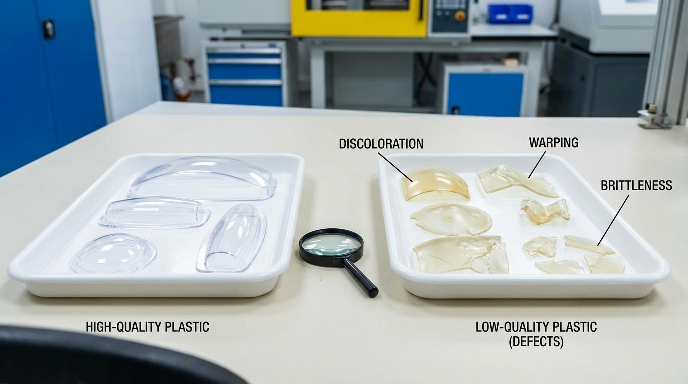 Comparison of high-quality versus low-quality plastic materials showing defects like discoloration, warping, and brittleness