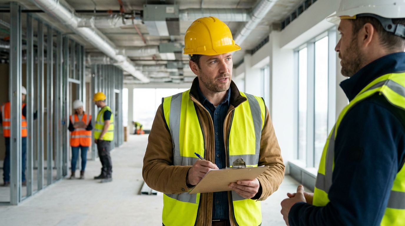 Project manager with hard hat and clipboard inspecting construction work at a commercial interior fit-out site