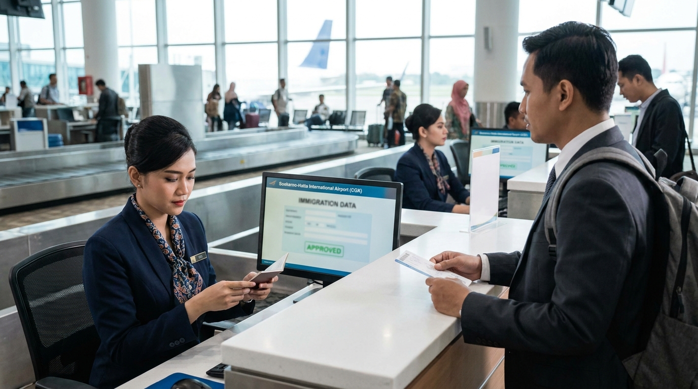 An airline check-in agent at a Soekarno-Hatta Airport counter checking a passenger's passport with a computer screen showing immigration data, professional setting, daytime