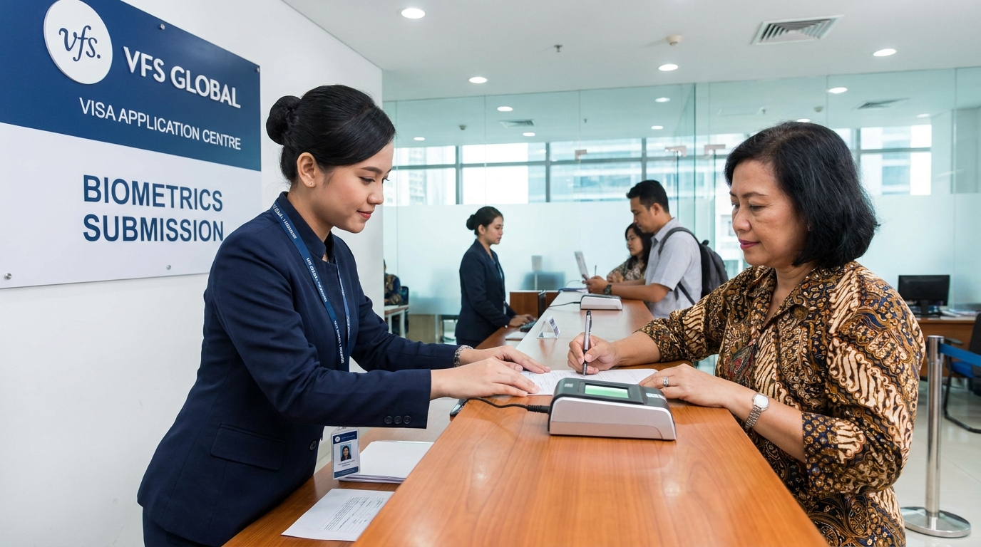 A VFS Global visa application centre reception desk with staff assisting an Indonesian applicant submitting biometrics paperwork, modern office interior, blue and white branding visible, professional indoor lighting