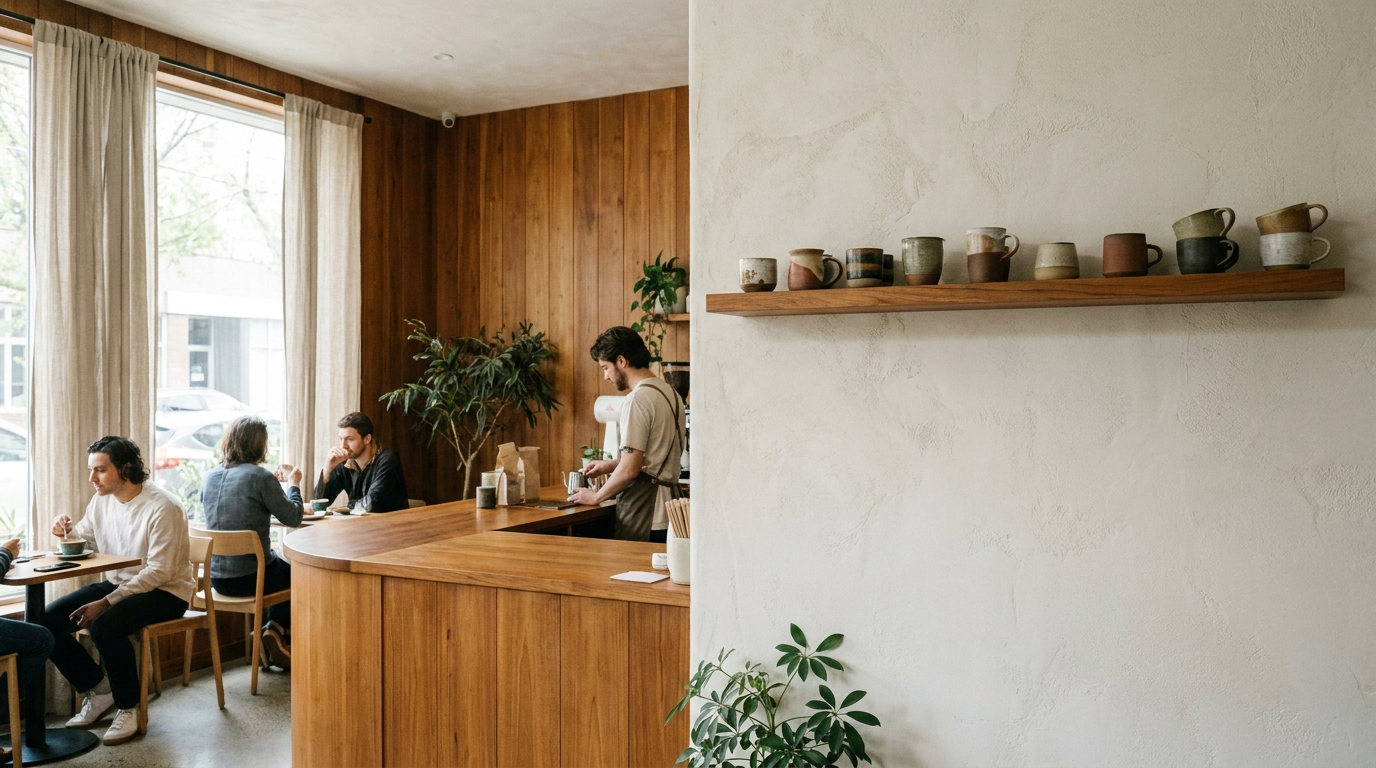 A cafe interior corner with warm teak wood paneling and a teak counter, paired with off-white plaster walls and a few handmade ceramic cups on a wooden shelf, soft natural daylight, Japandi style
