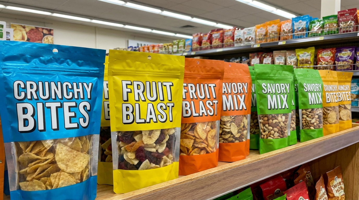 Several colorful snack pouches with bold bright colors and large lettering, arranged in a row on a store shelf
