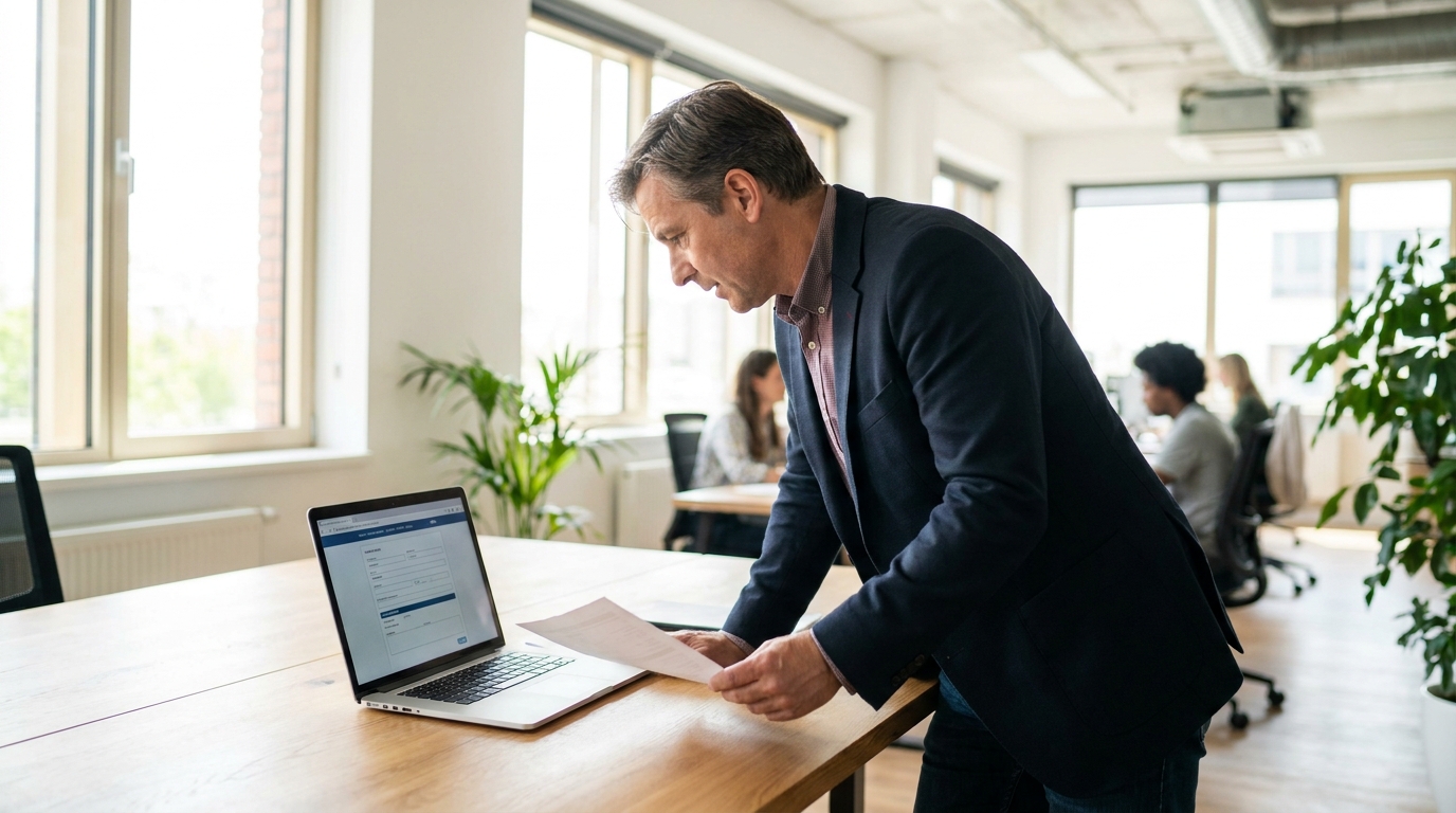 A person in business attire sitting at a desk reviewing a document, a laptop open beside them showing a form, photographed in a bright modern office with natural light