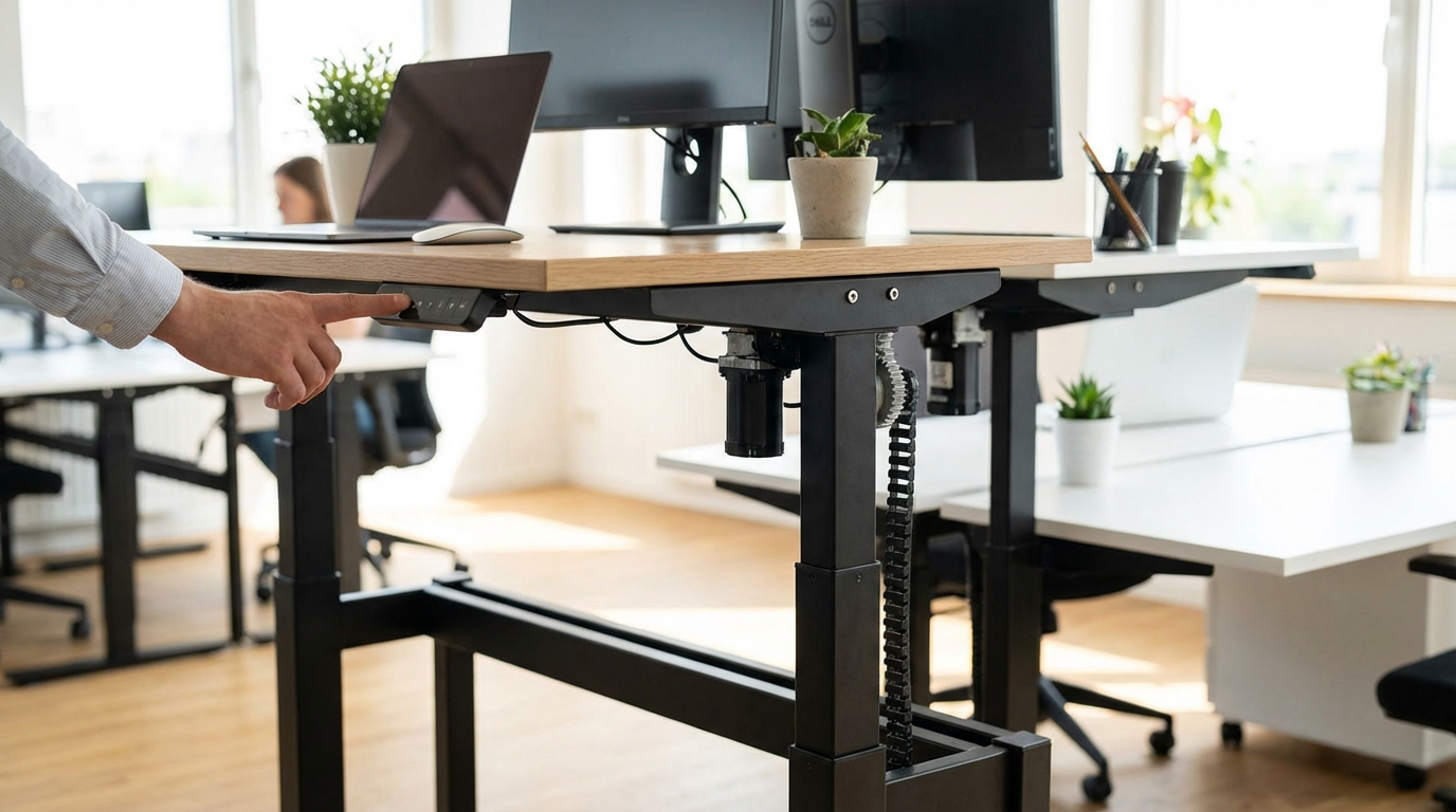 Compact modern office desk with exposed legs and adjustable height feature