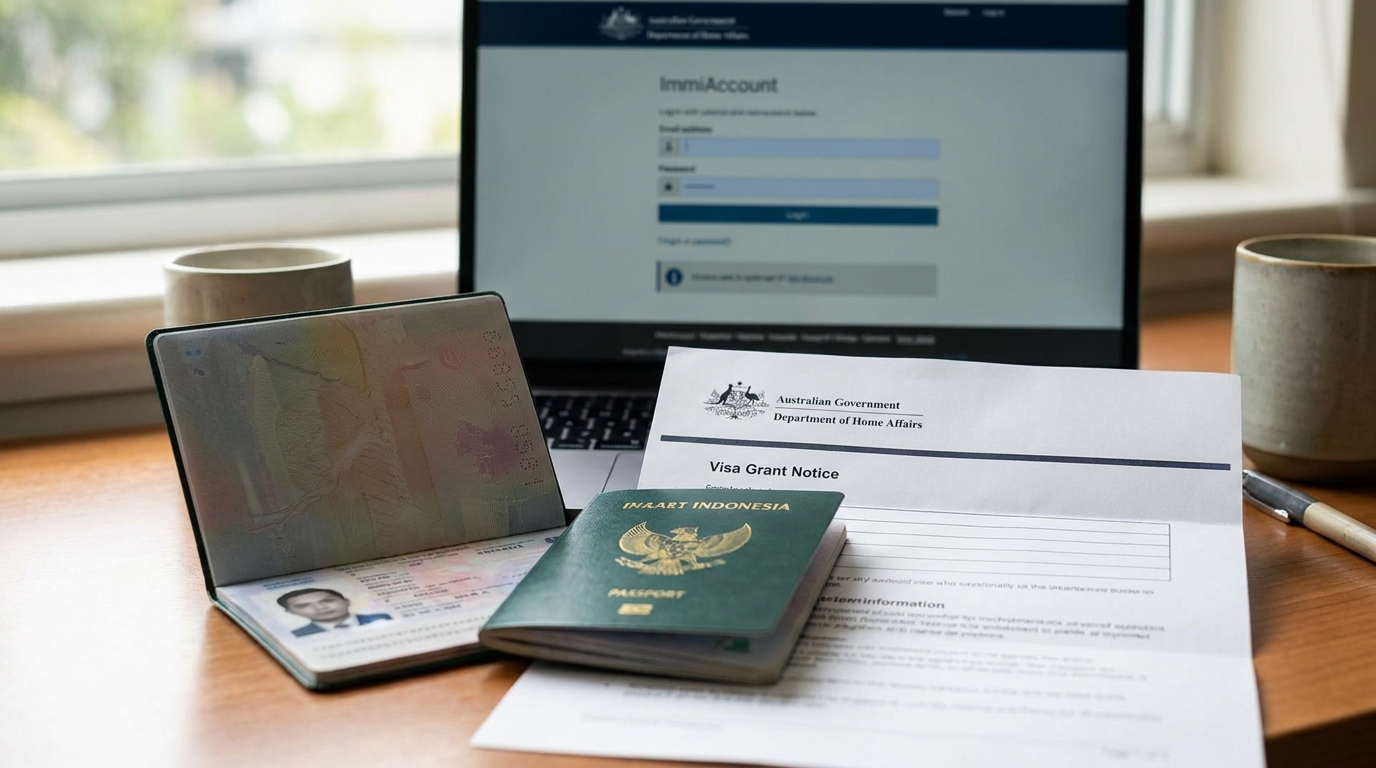 An Indonesian passport open on a wooden desk next to a printed Australian visa grant letter with Department of Home Affairs letterhead, a laptop in the background showing an ImmiAccount dashboard, soft natural daylight from a window, neutral muted tones