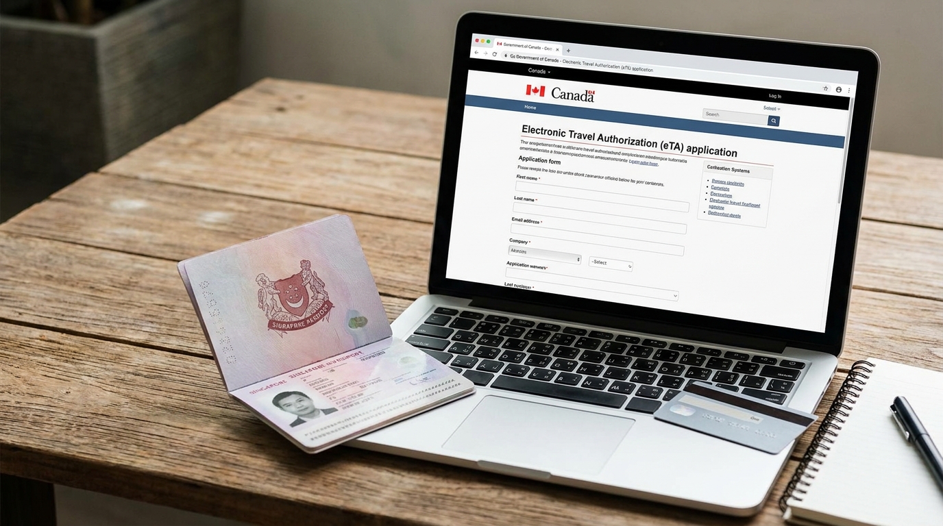 A Singapore passport opened to the photo page on a wooden desk, next to a laptop screen displaying the official Government of Canada eTA application form, with a credit card and a notebook beside the laptop