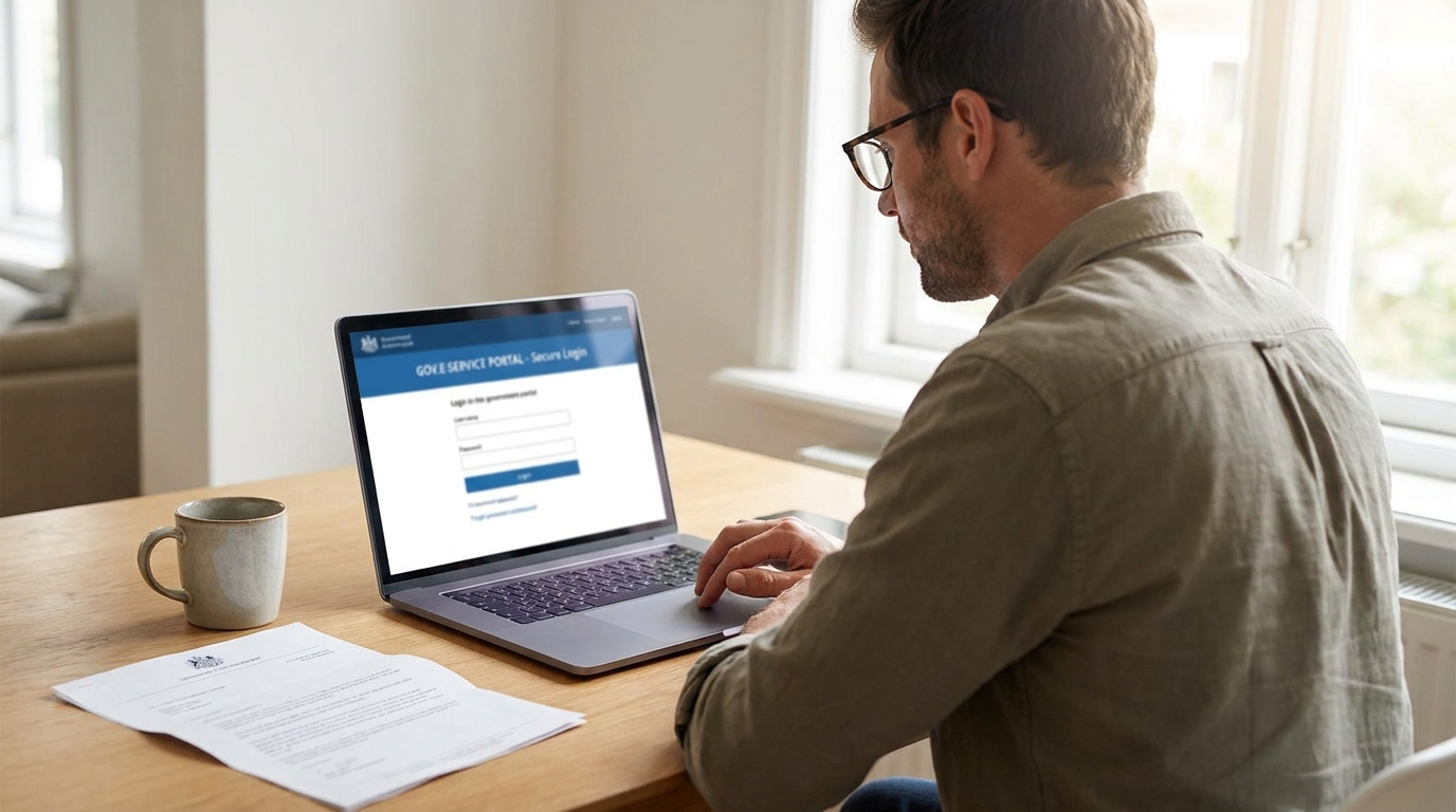 A man in his thirties seated at a home desk in front of a laptop, the laptop screen showing a generic government e-service portal login page, his hand on the trackpad, a coffee mug and a printed letter on the desk, soft daylight from a window in the background, mid-shot