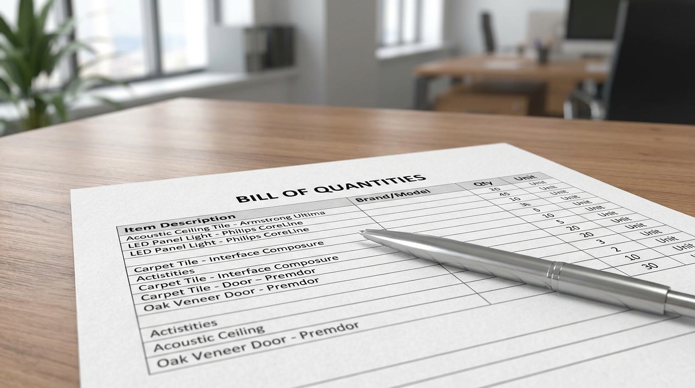 A printed bill of quantities document on an office desk, showing line items with brand names, model numbers, and quantities for interior fit-out materials, with a pen resting on top. Professional, clean, well-lit photograph.