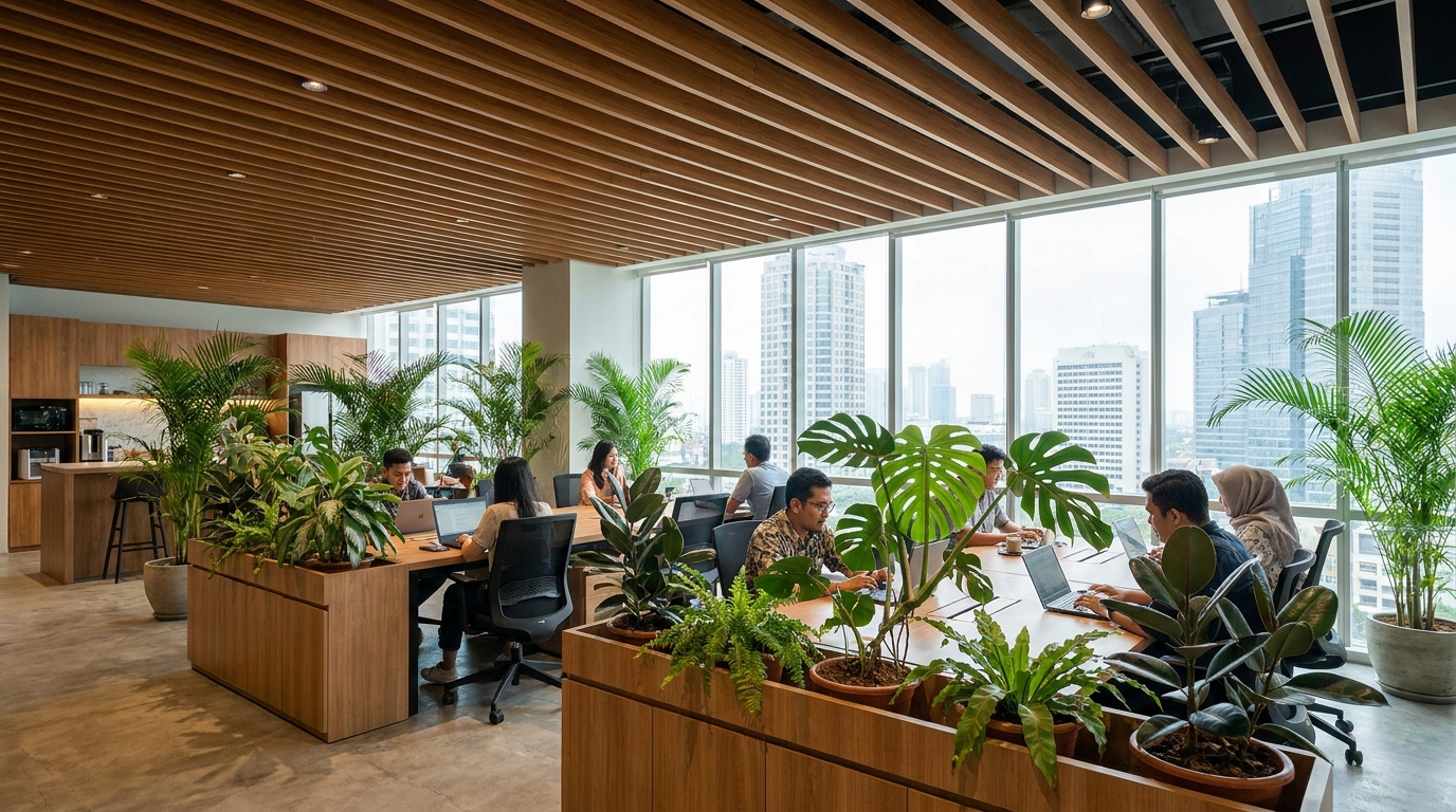 A modern Jakarta office interior with clusters of live potted plants beside workstations, a timber-slatted ceiling, and large windows letting in bright daylight