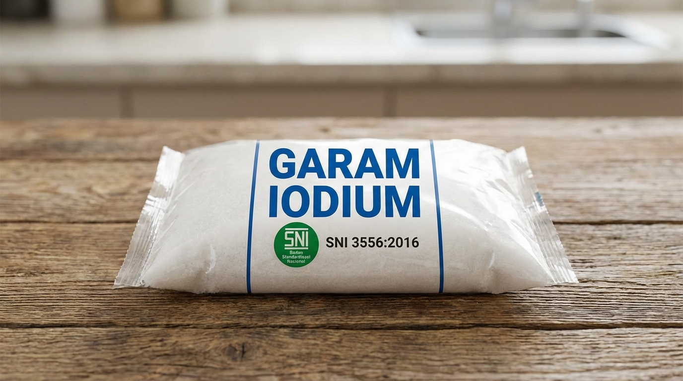 Kemasan plastik garam konsumsi beryodium dengan logo SNI dan tulisan nomor SNI tercetak jelas di label kemasan, diletakkan di atas meja kayu dengan latar belakang netral