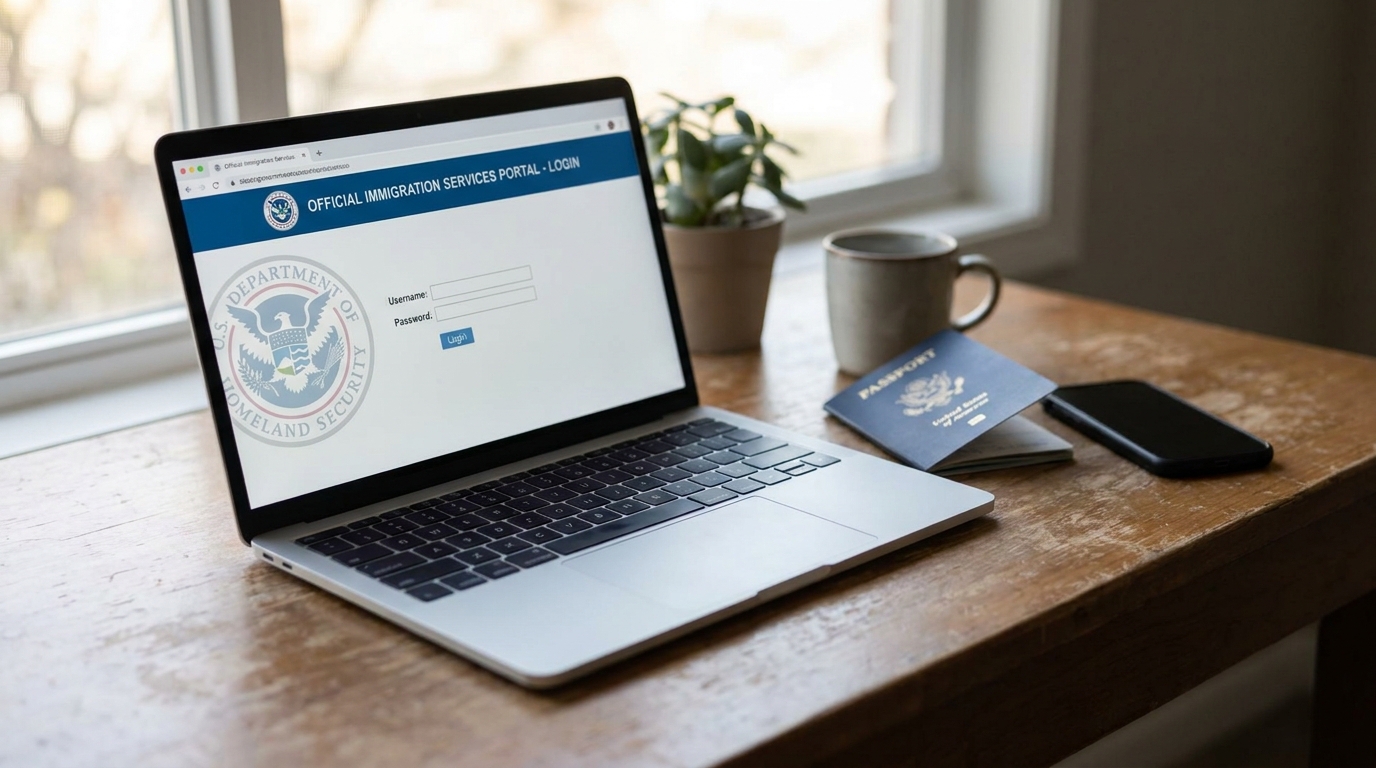 A laptop on a wooden desk displaying a generic government immigration portal login screen, with an open passport and a smartphone placed beside it, soft natural daylight from a window, photographed from a slight angle in muted tones