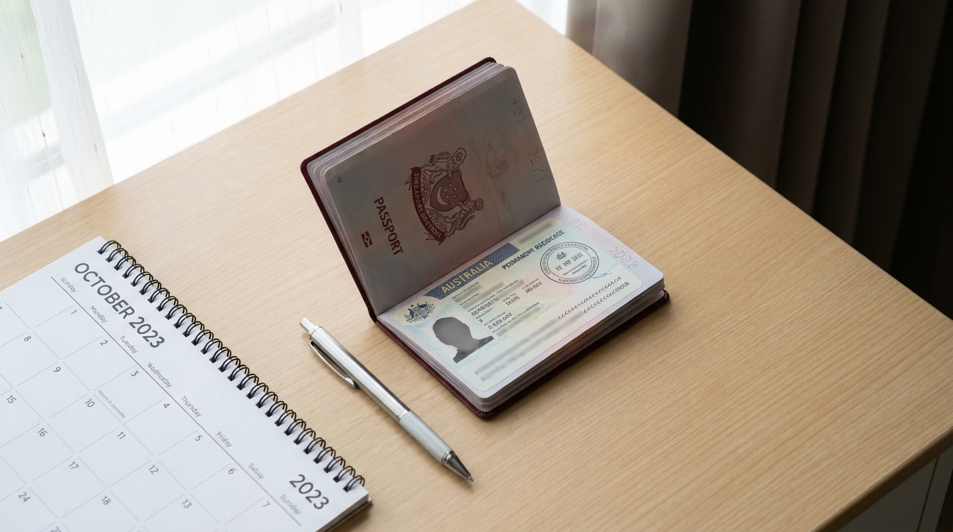 A Singaporean passport open to an Australian permanent residence evidence page, placed on a desk beside a wall calendar and a pen, photographed from directly above in soft natural light, clean minimal composition