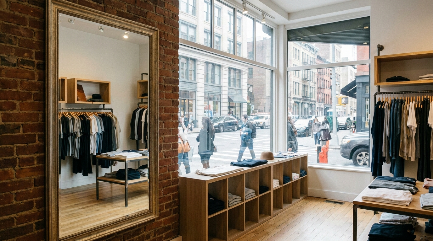 Full-height mirror mounted on side wall of small retail shop reflecting the window and street scene, extending the perceived depth of the space