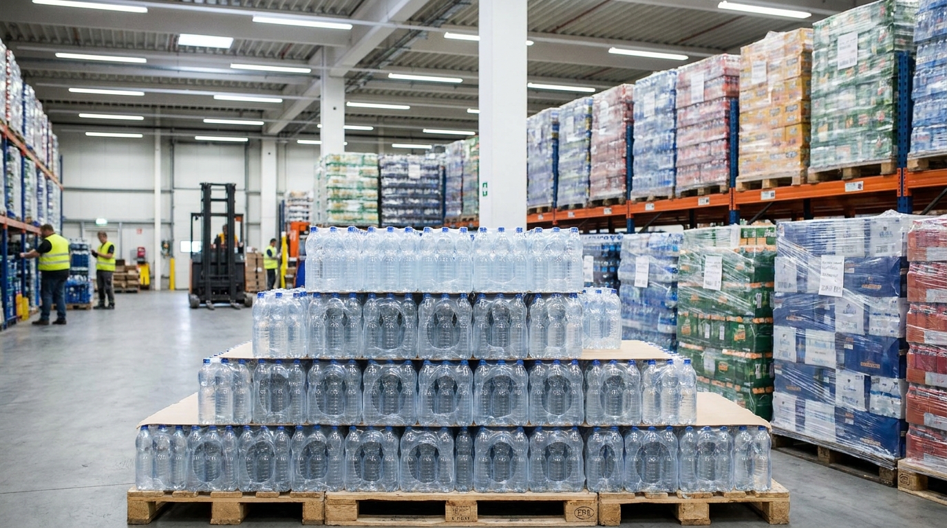A neat stack of clear, transparent PET water bottles arranged in rows inside a beverage distribution warehouse, with shrink-wrapped pallets visible in the background and overhead warehouse lighting