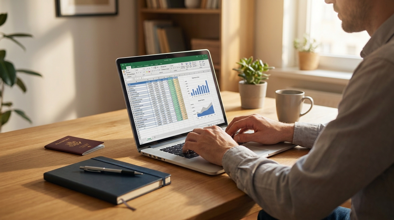 A person working at a home desk with a laptop showing a generic spreadsheet, a passport, notebook, and pen on the desk, natural morning light through a window, photographed from a slightly raised angle