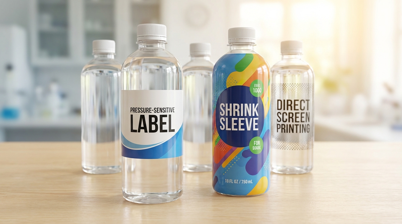 Plastic bottles displaying different labeling techniques including pressure-sensitive labels, shrink sleeves, and direct screen printing
