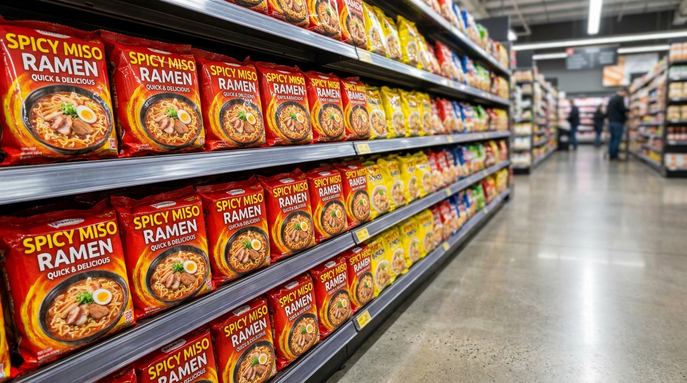 A row of instant noodle packets on a supermarket shelf, with bright red and yellow packaging and a photo of a bowl of noodles on the front