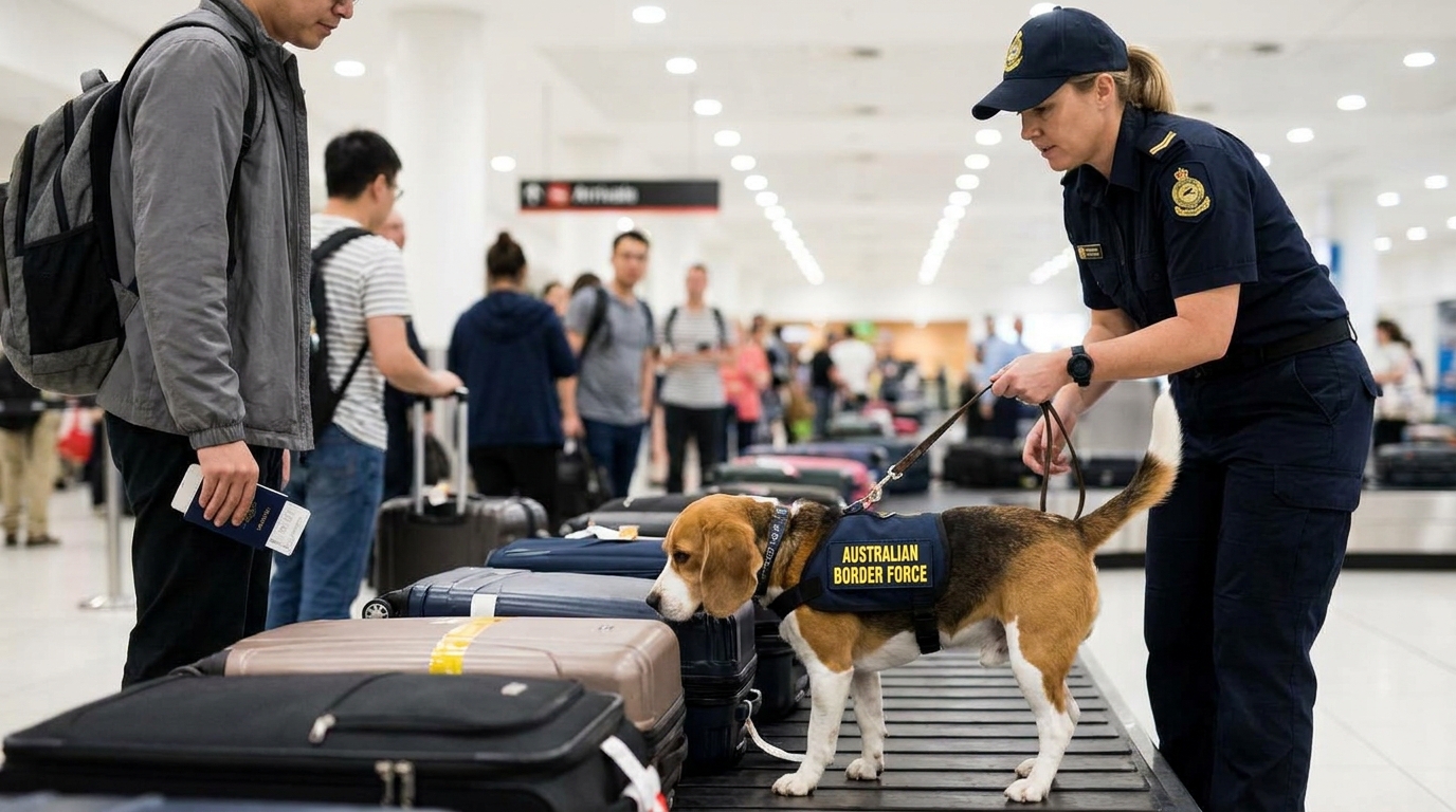 A beagle quarantine detection dog in an Australian Border Force vest sniffing a row of luggage in a busy airport arrivals hall, a uniformed officer guiding the dog, traveler with passport waiting calmly to one side, realistic photograph