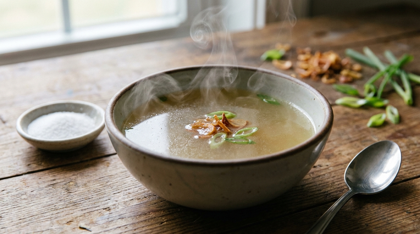 A close-up of a steaming bowl of clear chicken broth on a wooden table, with a small dish of fine white salt and a teaspoon next to it, plus a few sprigs of fried shallots and green onions