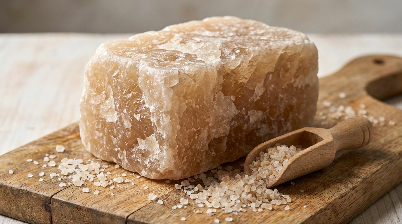Garam krosok atau garam kasar dengan kristal besar tidak rata, warna putih kecoklatan, tekstur kasar