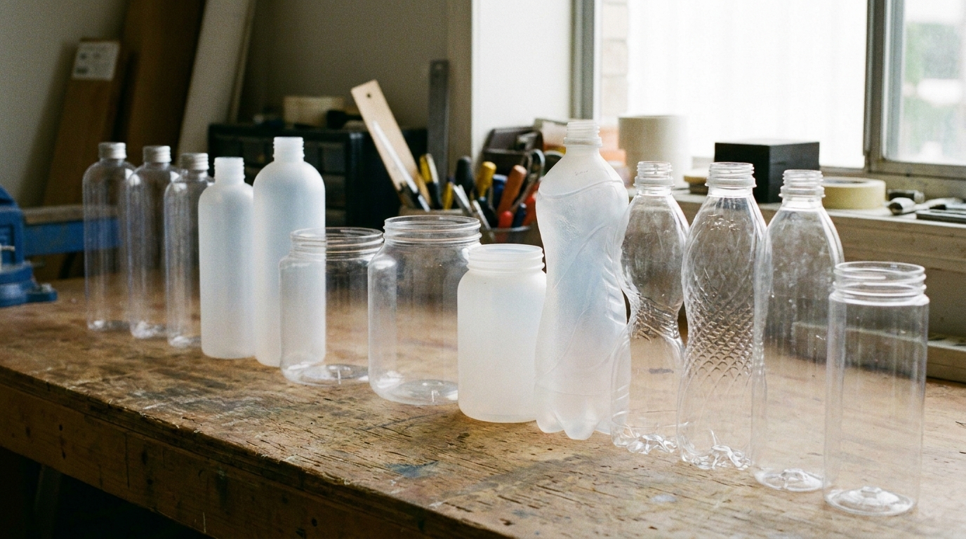 A row of empty plastic bottles and jars in different shapes lined up on a work table, some slim, some wide, some with a curved indentation in the middle, plain unlabeled plastic