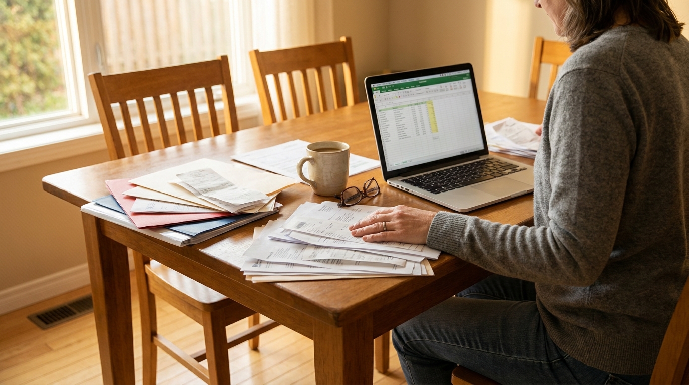 A person in casual clothing sitting at a dining table working through a stack of paperwork with a laptop open beside them, a cup of coffee on the table, photographed in warm natural daylight from a standing angle