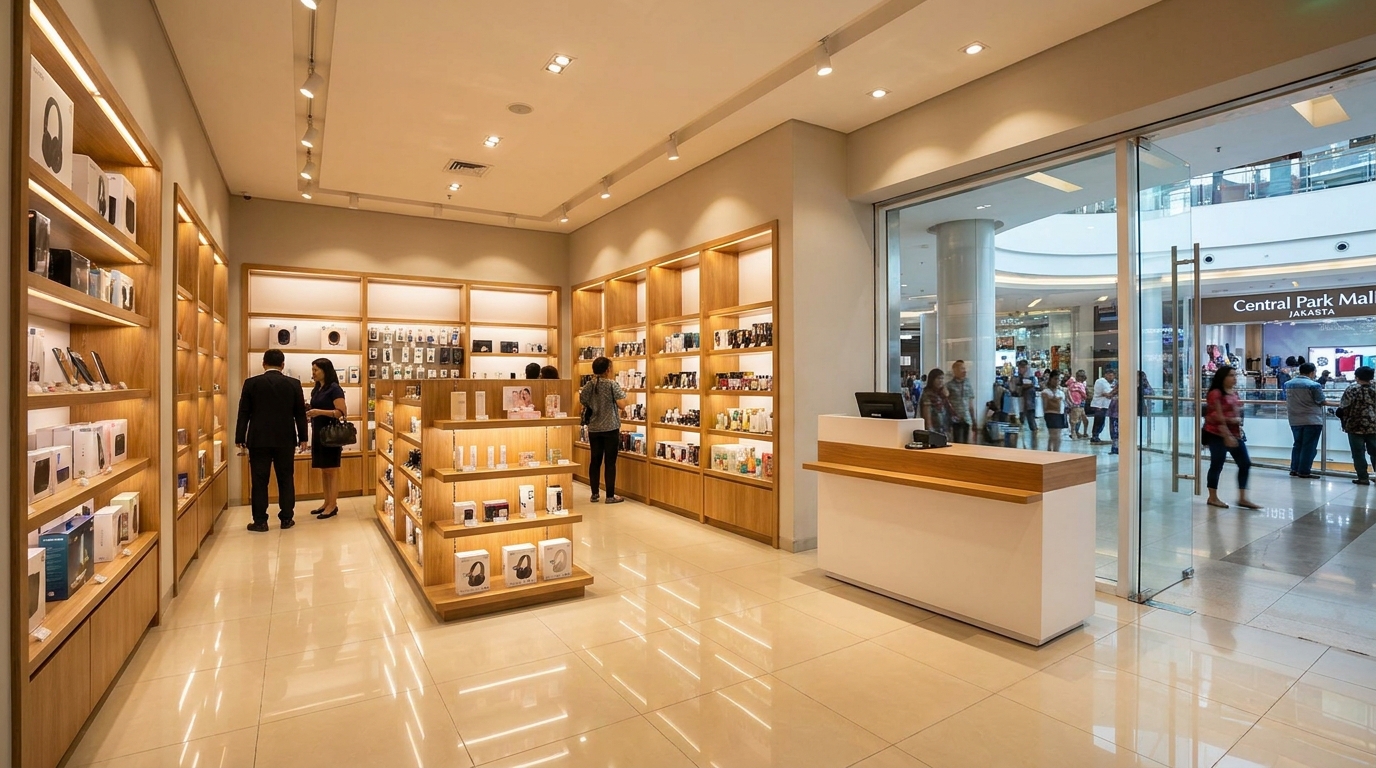 A modern retail store interior in a Jakarta shopping mall, with backlit wall shelving displaying products, warm spotlighting, polished floor tiles, and a clean checkout counter near the entrance