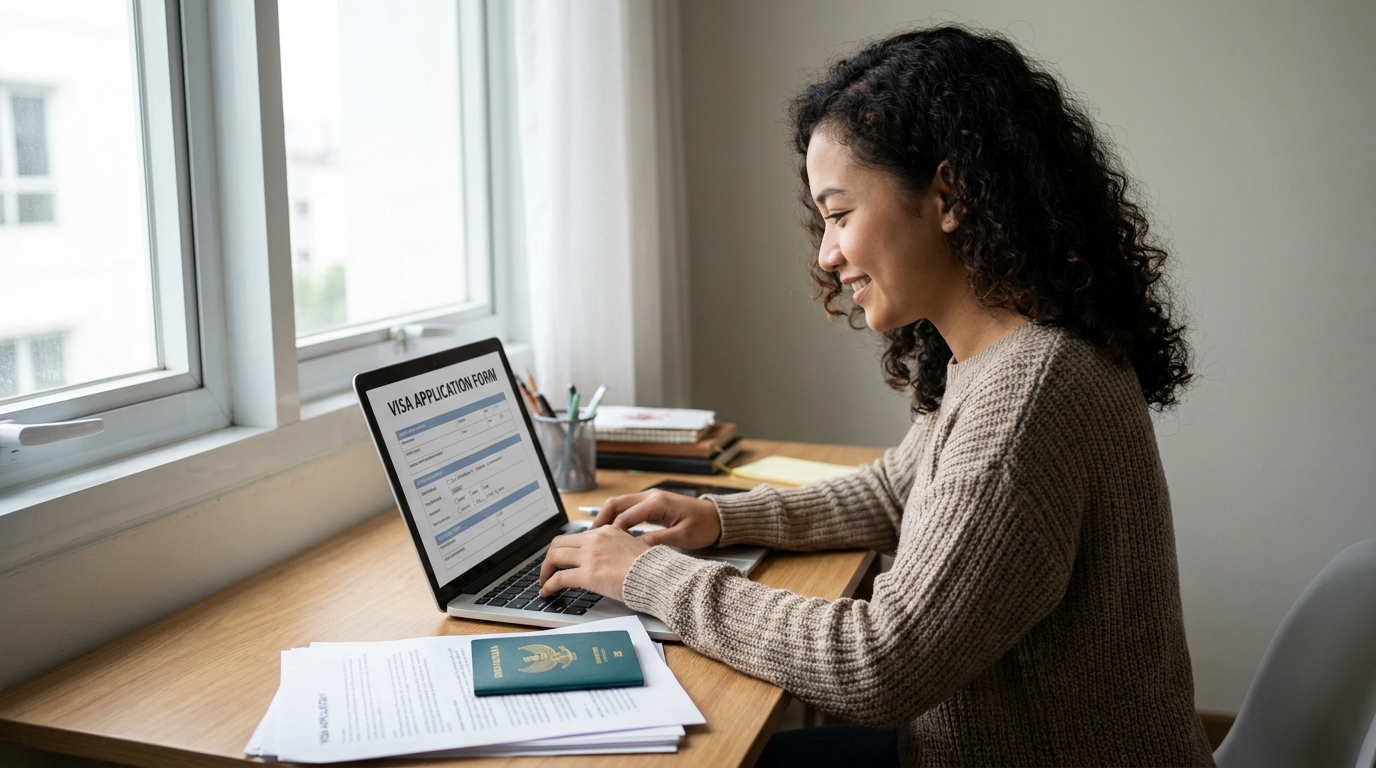 An Indonesian young adult sitting at a home desk filling out an online visa application on a laptop, passport and printed documents next to the keyboard, soft natural daylight from a window, candid composition