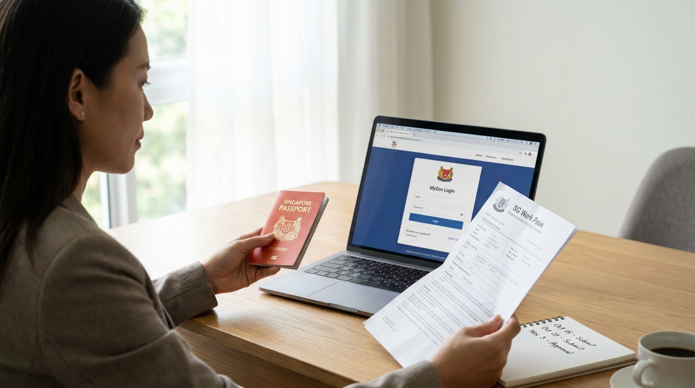 A woman in her thirties seated at a desk with a laptop, the laptop screen showing a Singapore government e-service portal page with a login form, holding an open passport in one hand and a printed e-Pass document in the other, a notepad with handwritten dates on the desk, soft natural daylight from a window on the left, modern home office setting