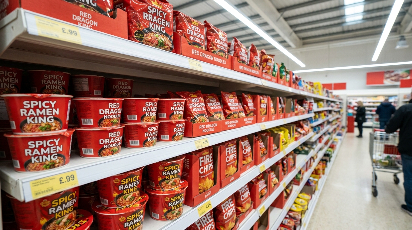 A row of red instant noodle and snack packaging on a supermarket shelf, viewed from a shopper's angle