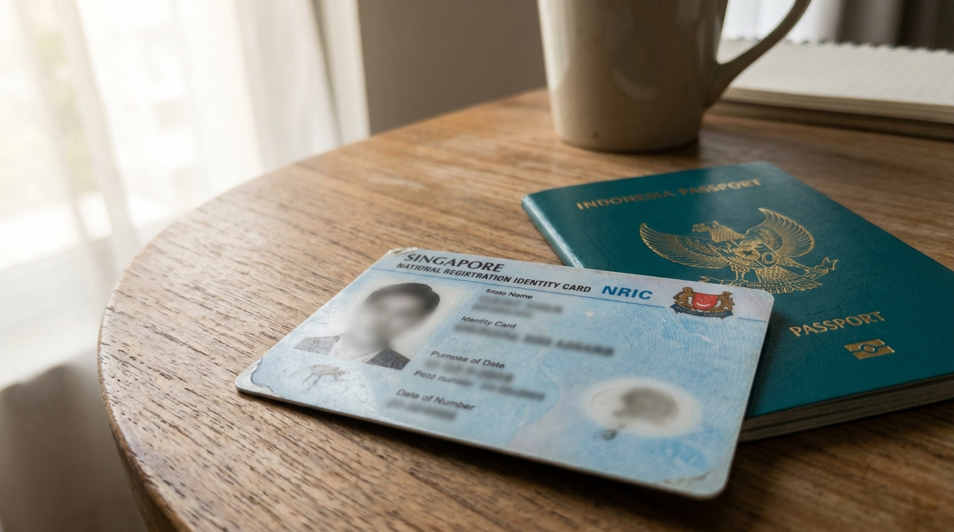 A close-up of a Singapore blue NRIC card lying on a wooden desk next to an Indonesian passport, soft natural daylight from a window, neutral background, no faces or personal details visible