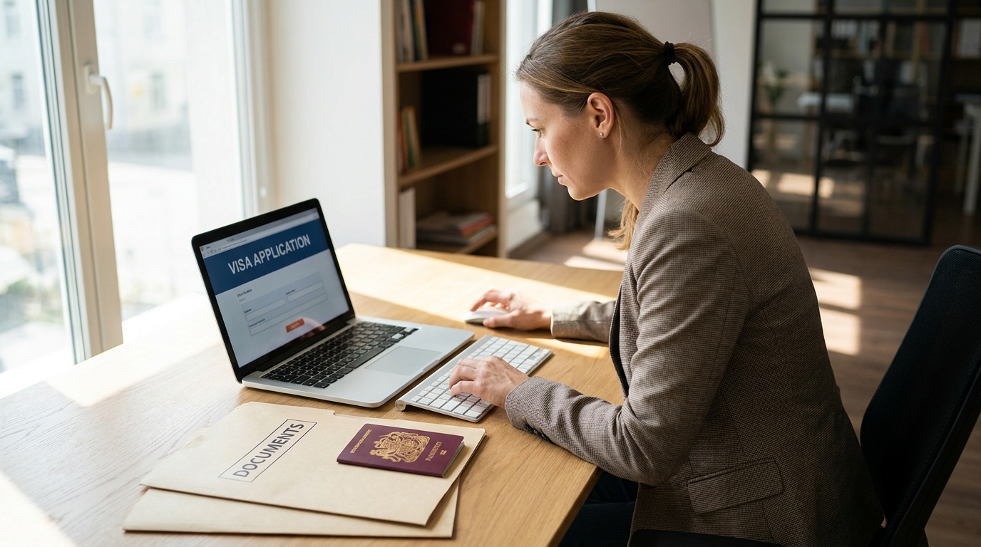 A person sitting at a desk filling out an online visa application form on a laptop, with a passport and document folder beside, daylight from window