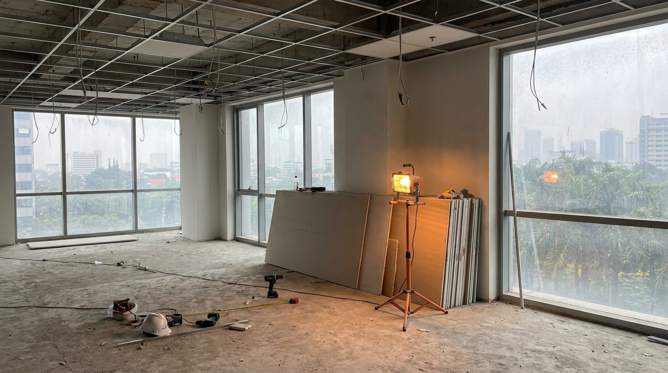 A half-finished commercial office interior in Jakarta with exposed concrete floor, scattered tools, partially installed ceiling grid, and stacks of unused gypsum board, lit by a single work lamp