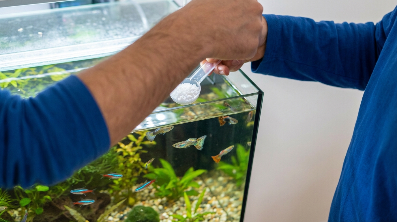 Tangan seseorang menakar garam ikan kasar dengan sendok takar plastik di atas akuarium kaca berisi air dan ikan hias kecil