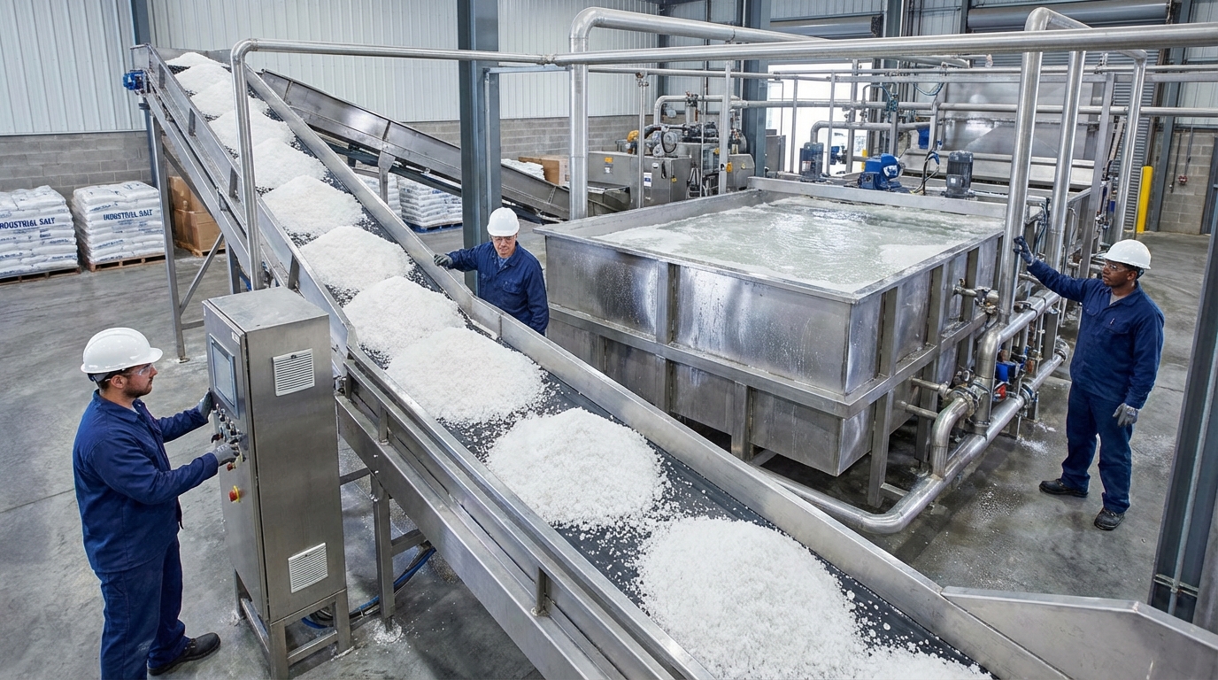 Mesin pengolahan garam di dalam pabrik dengan conveyor belt membawa garam putih, tangki pencucian stainless steel, dan pekerja pabrik mengawasi proses produksi