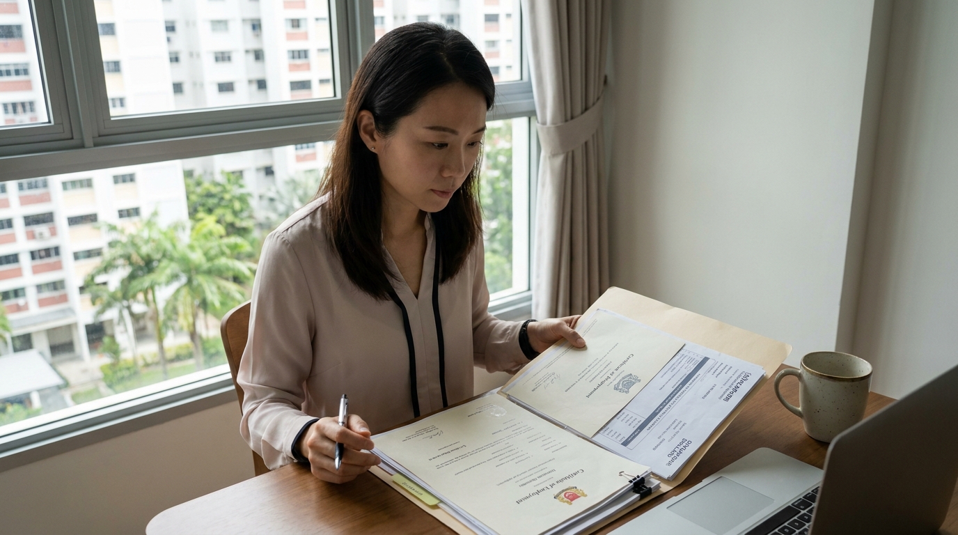 An applicant reviewing a folder of work experience documents, qualifications, and payslips on a home desk in Singapore, photographed in natural light from a slightly raised angle
