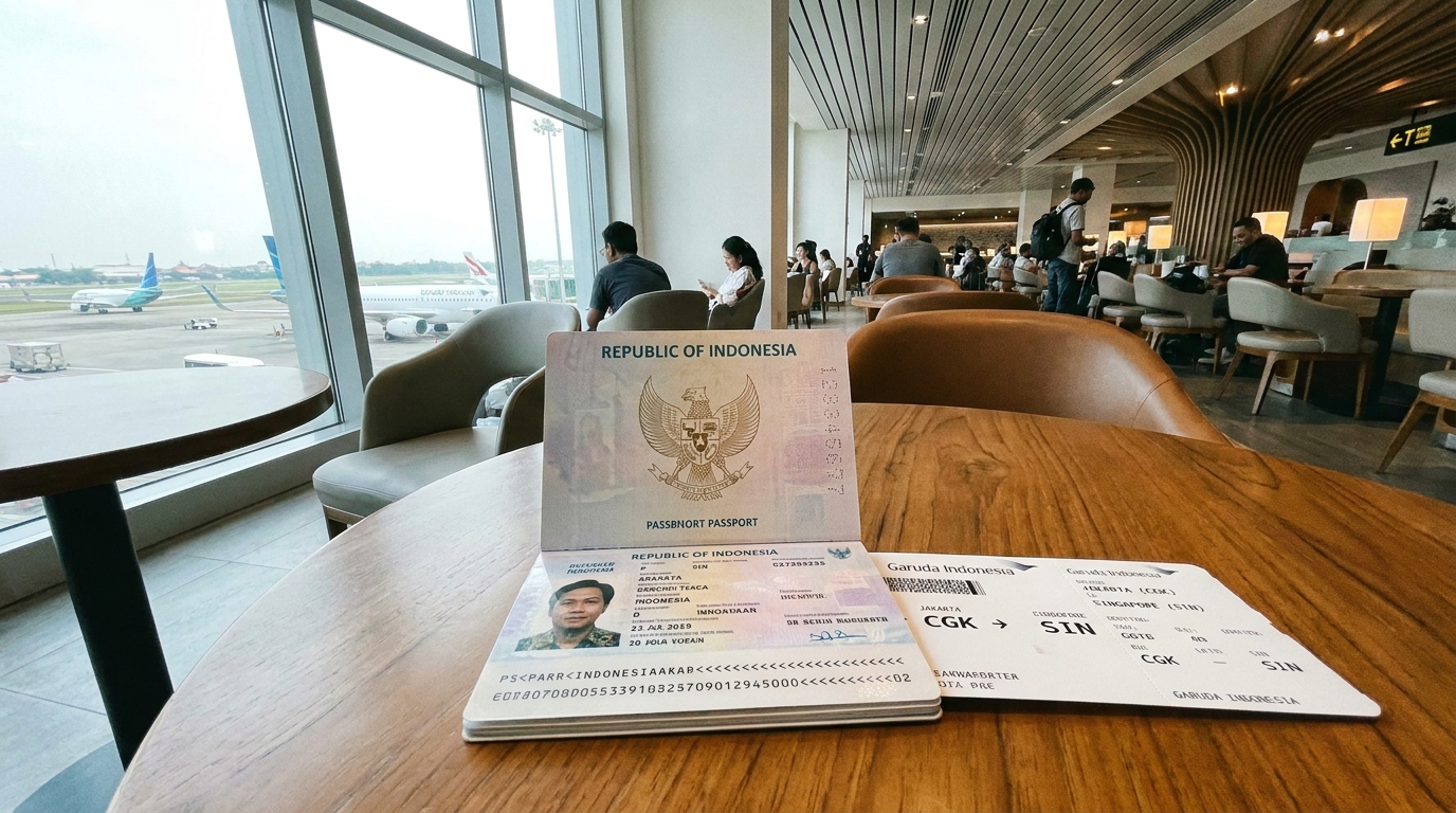 An Indonesian passport opened on a table at Changi Airport transit lounge with a boarding pass beside it, soft natural daylight