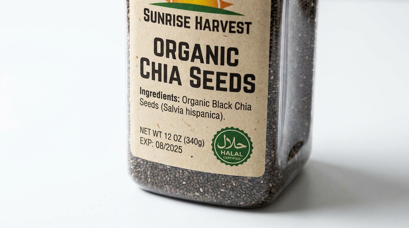 A printed food product label on a plastic bottle showing product name, ingredient list, net weight, expiry date, and a halal logo, photographed close-up on a white surface