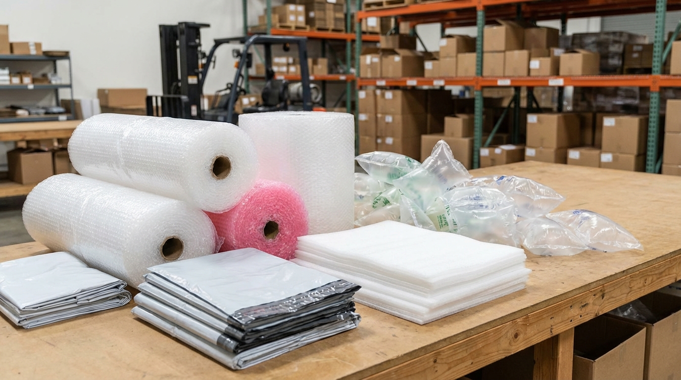 Various e-commerce protective packaging materials laid out on a warehouse table - bubble wrap rolls, poly mailers, PE foam sheets, and air cushion pillows